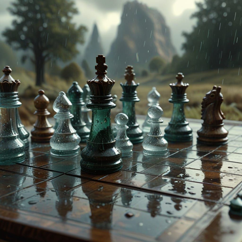 Surreal Glass Chess Bishop with Rainy Landscape