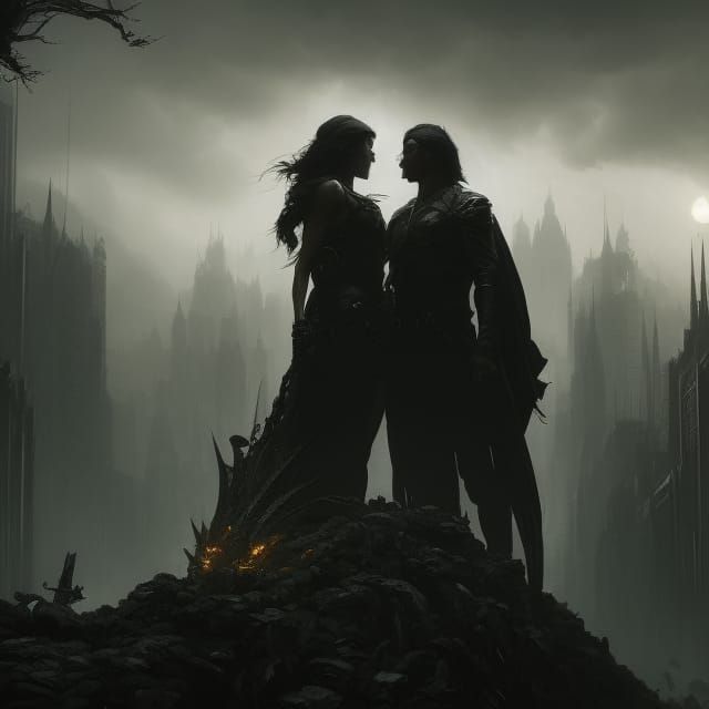 Noir Embrace in Shadow City, Hyperrealistic Concept Art