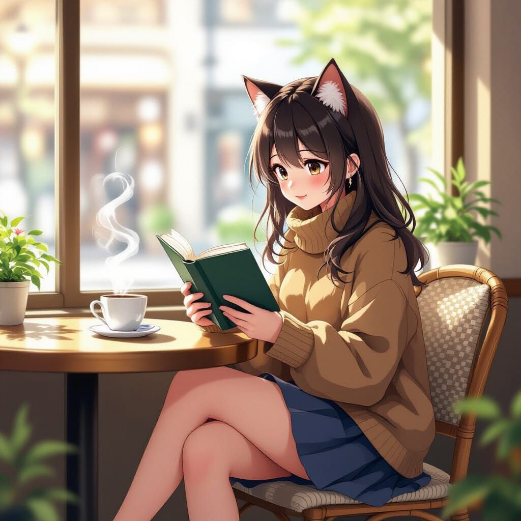 Anime Catgirl Reading in Cafe with Coffee