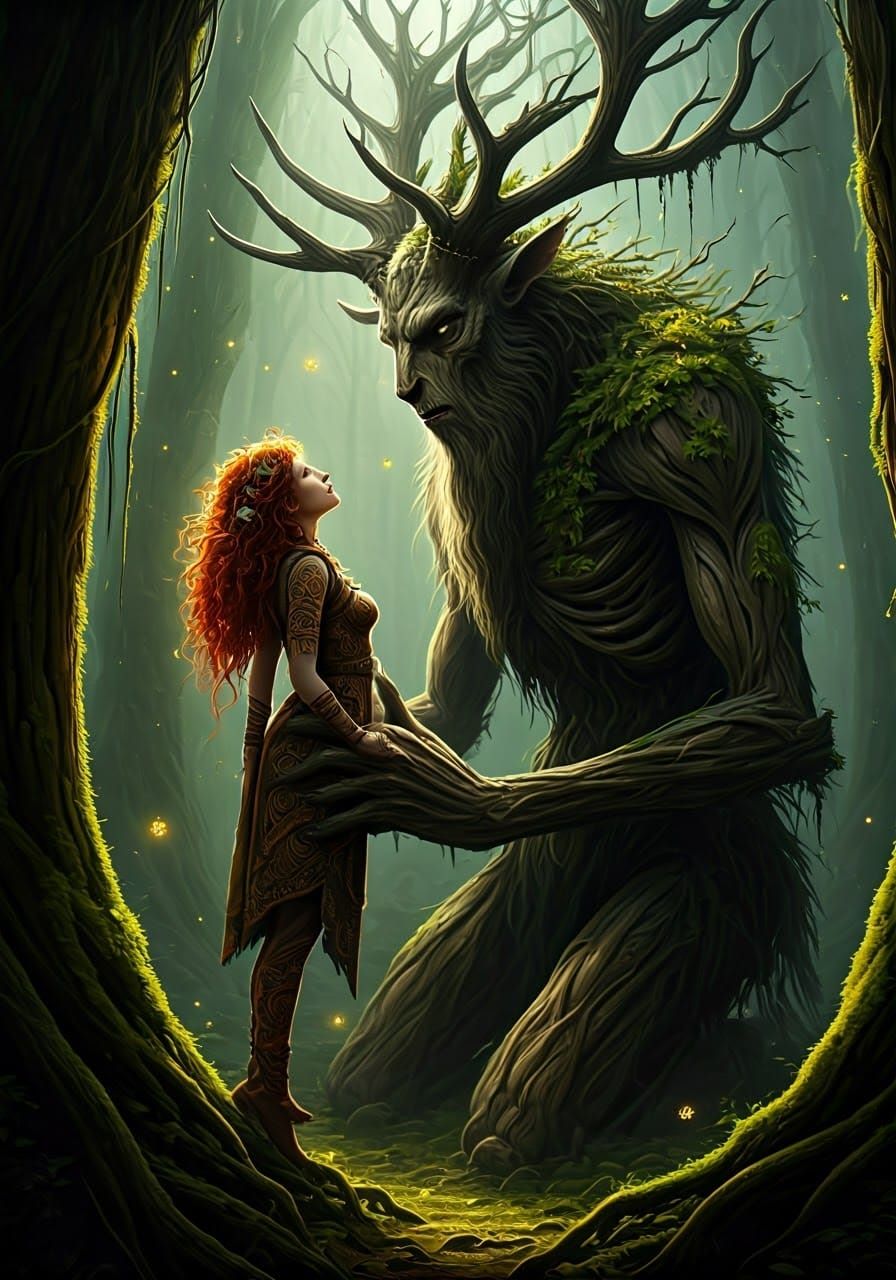 Cernunnos with Celtic Maiden in Forest Scene