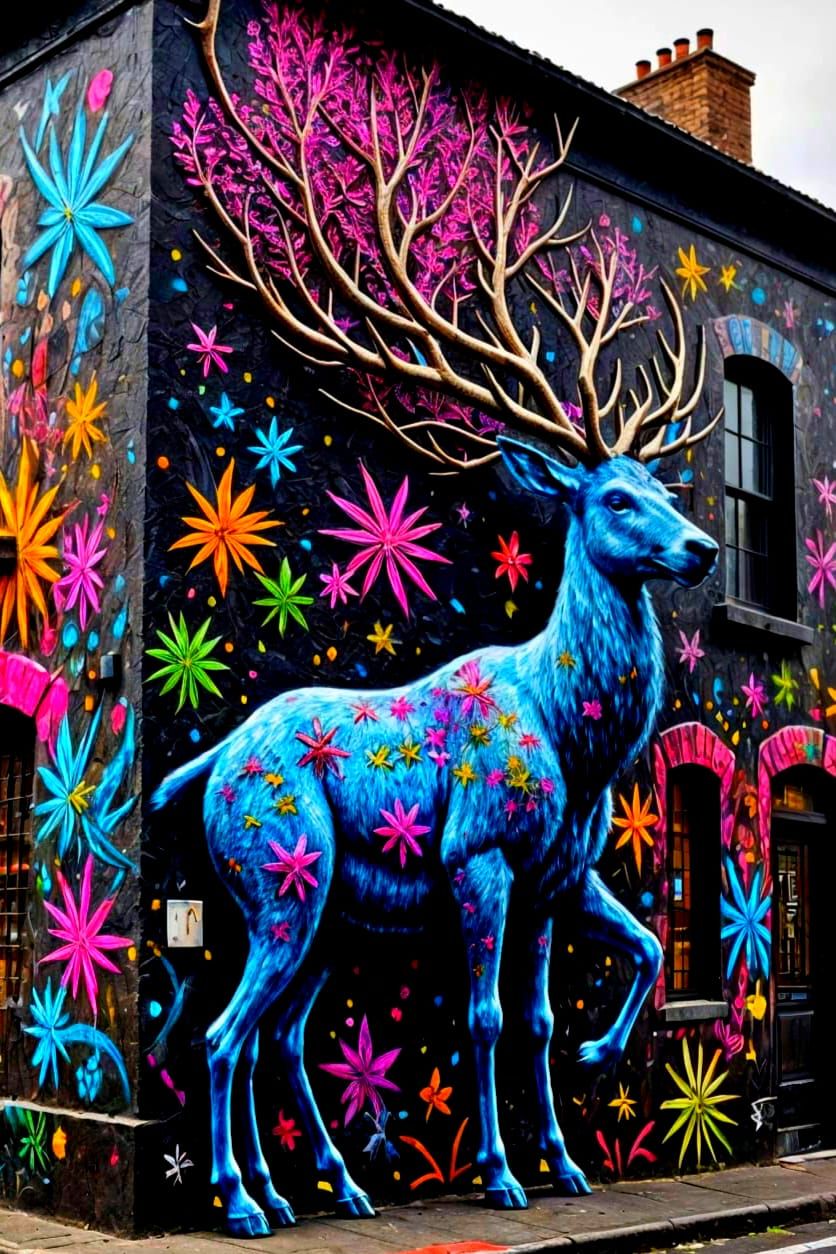 Graffiti Reindeer on Vibrant Urban Street Corner