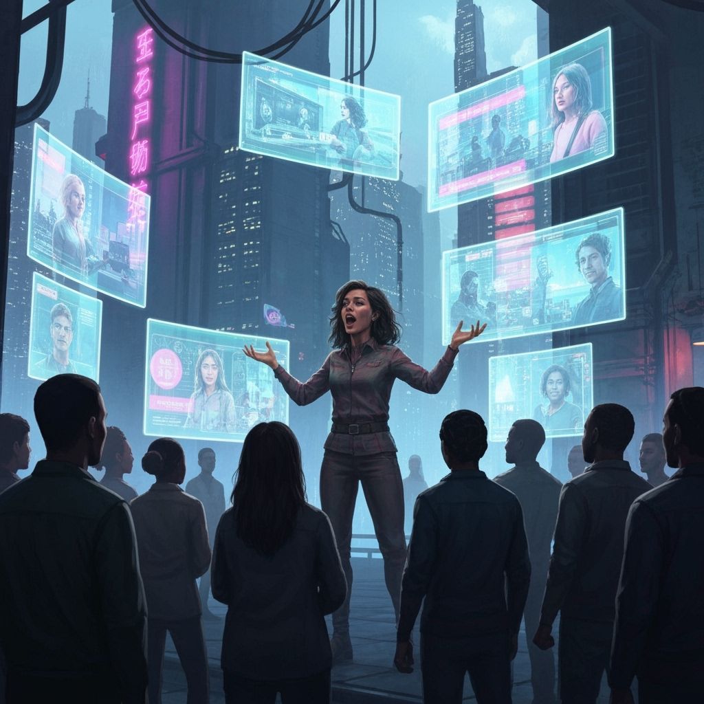 Futuristic Cityscape: Woman Speaks to Diverse Crowd