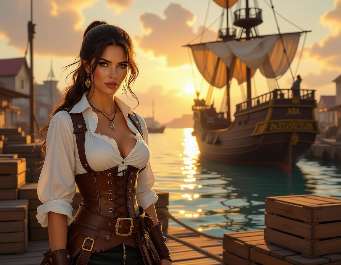 Pirate Woman in Harbour, Photorealistic Style