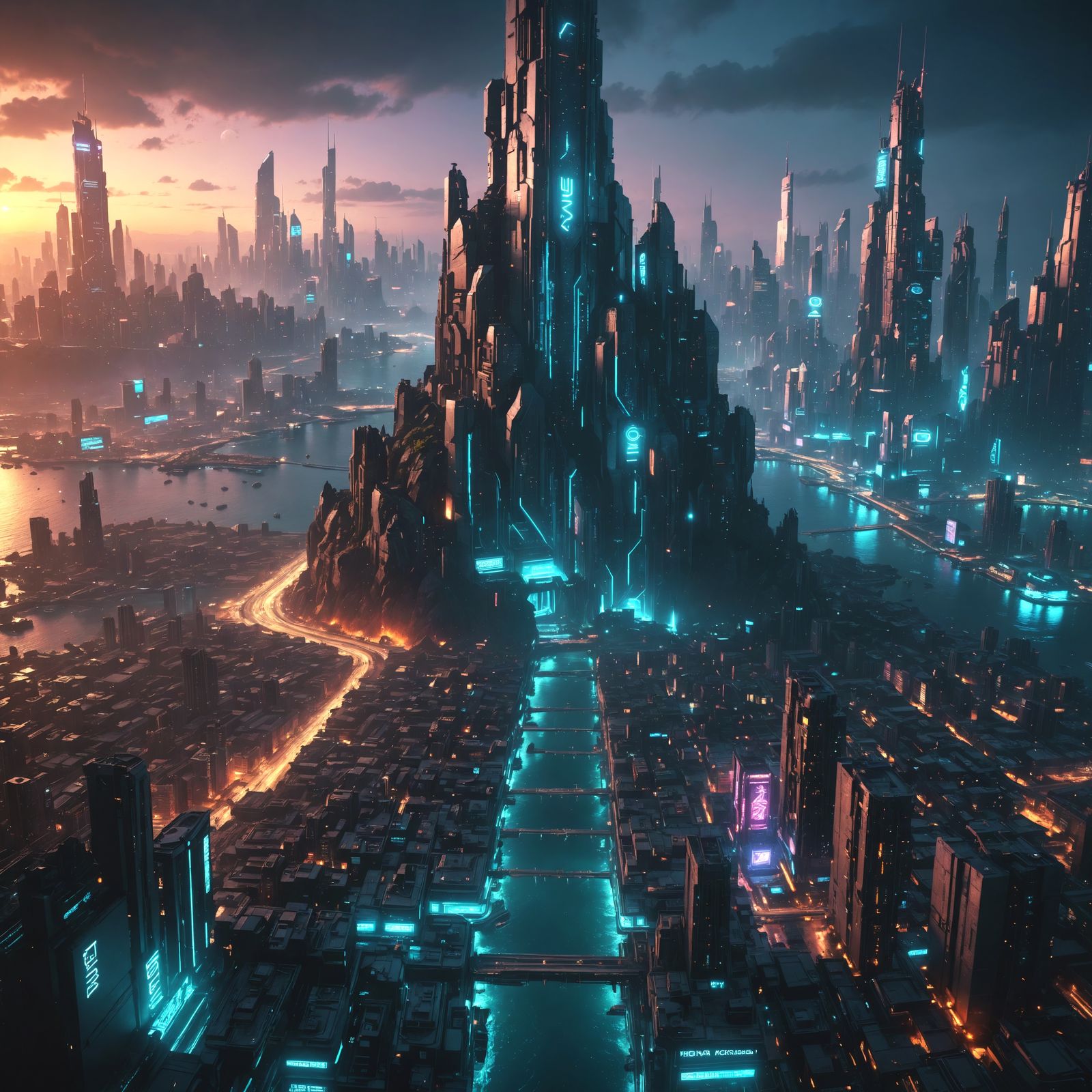 Walls of Evolution, cities rising from surreal oceans, in th...