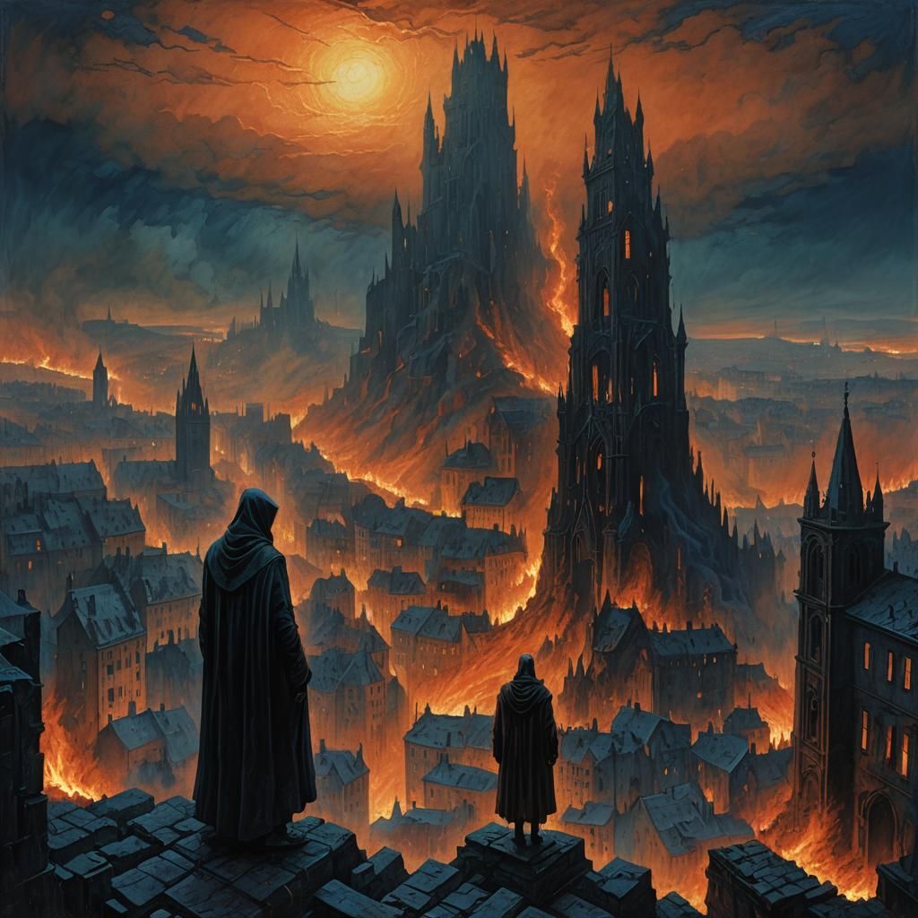 Burning Gothic Cityscape in Dark Fantasy Style