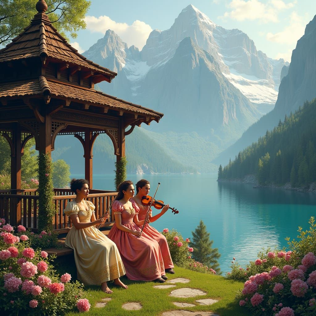 Alpine Dreamscape with String Quartet, Matte Painting