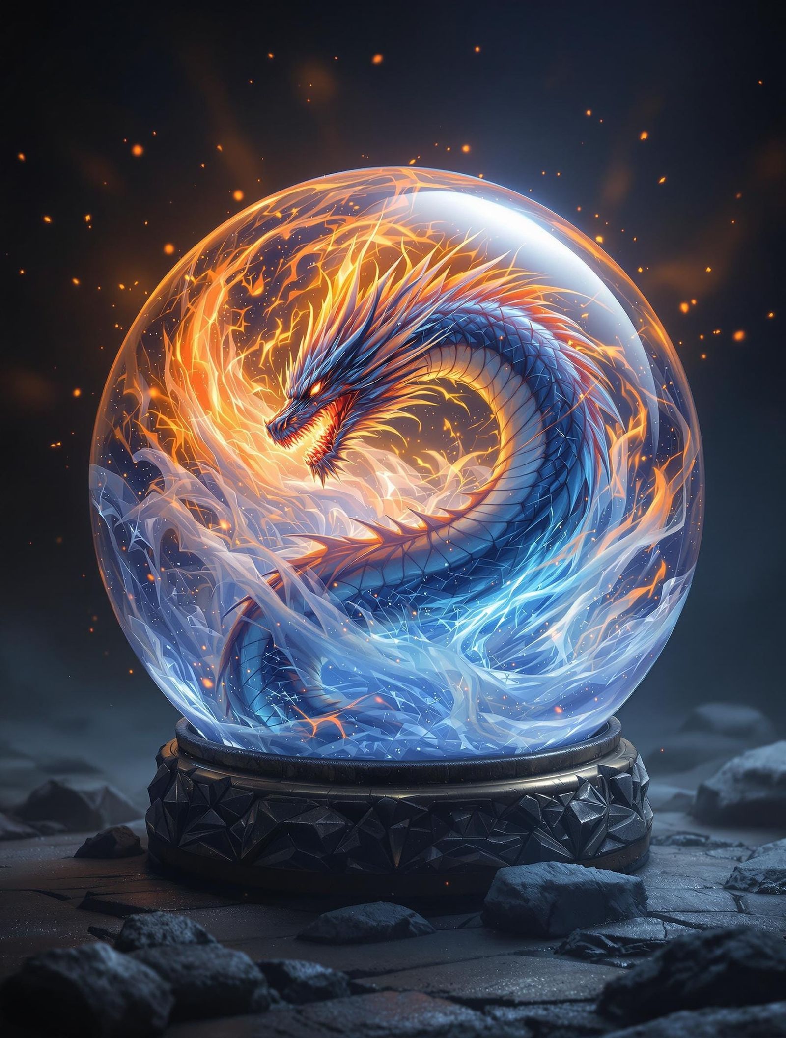 Dragon in Turbulent Snow Globe Scene