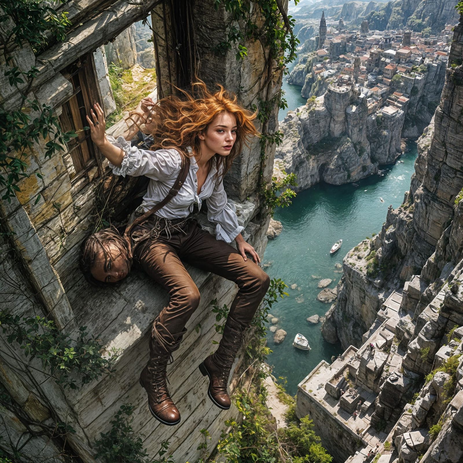 Fantasy Adventuress Hanging From Tower Windowsill