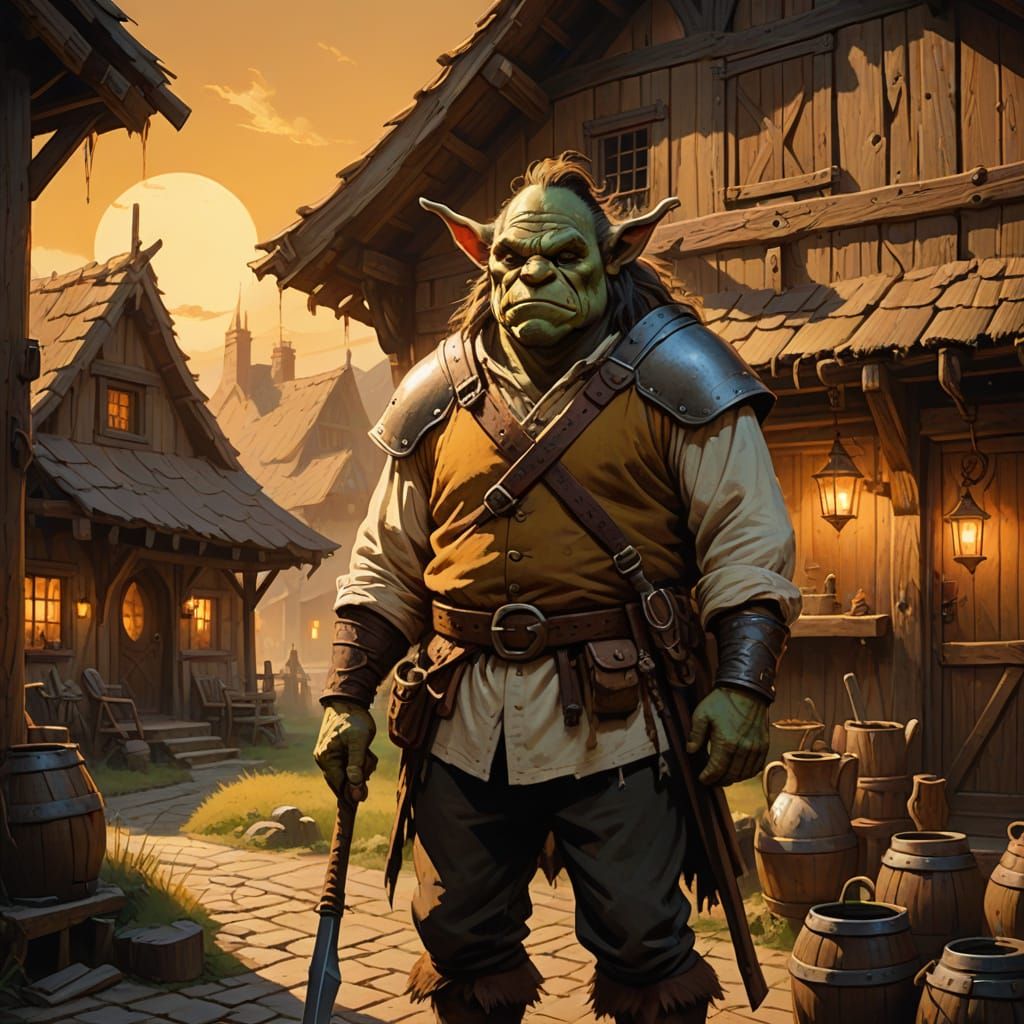 Half-Ogre in Cozy Inn Setting, Oil Painting Style
