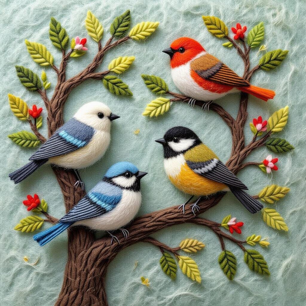 Needle Felted Birds in a Tree Artwork