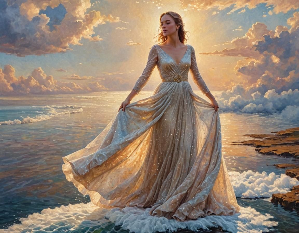 Pointillist Portrait of Woman with Flowing Water