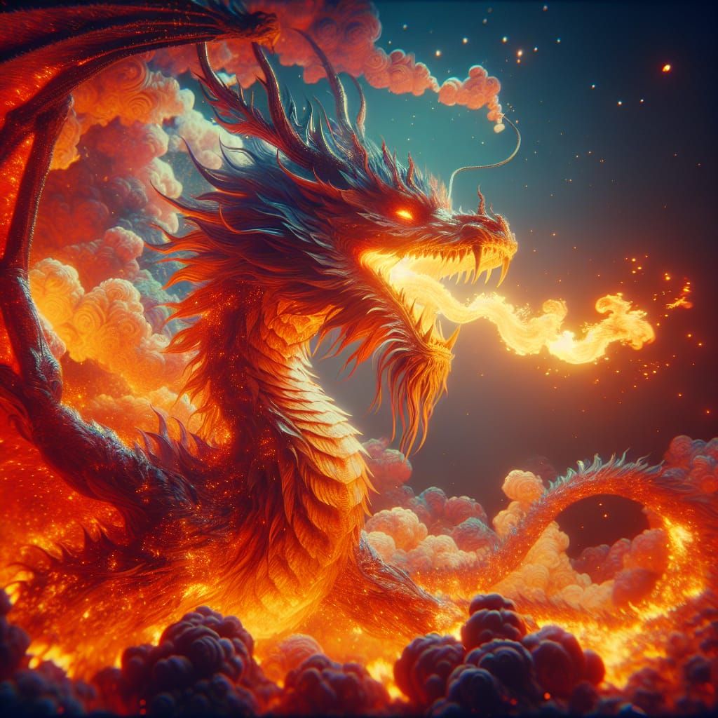 Dramatic Fire Dragon in Cinematic Film Still