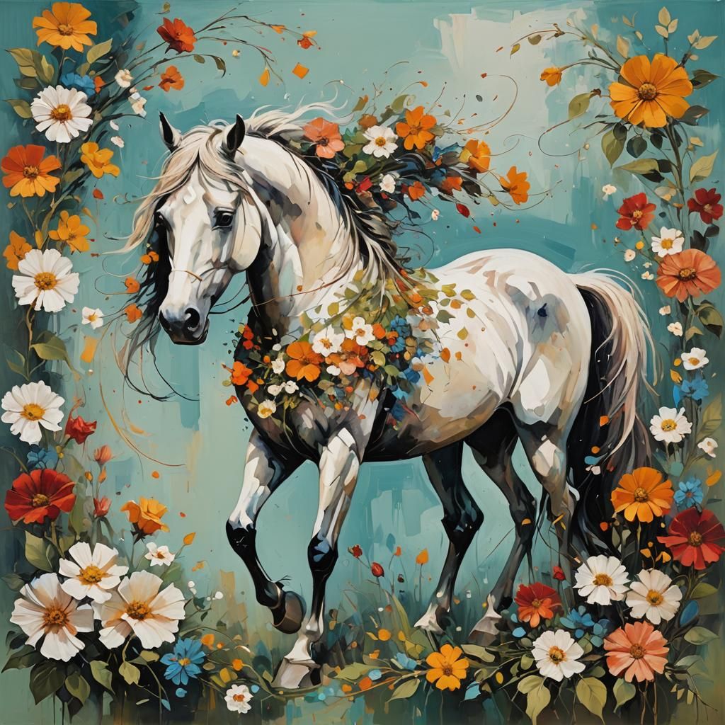 Abstract Horse Painting with Floral Elements
