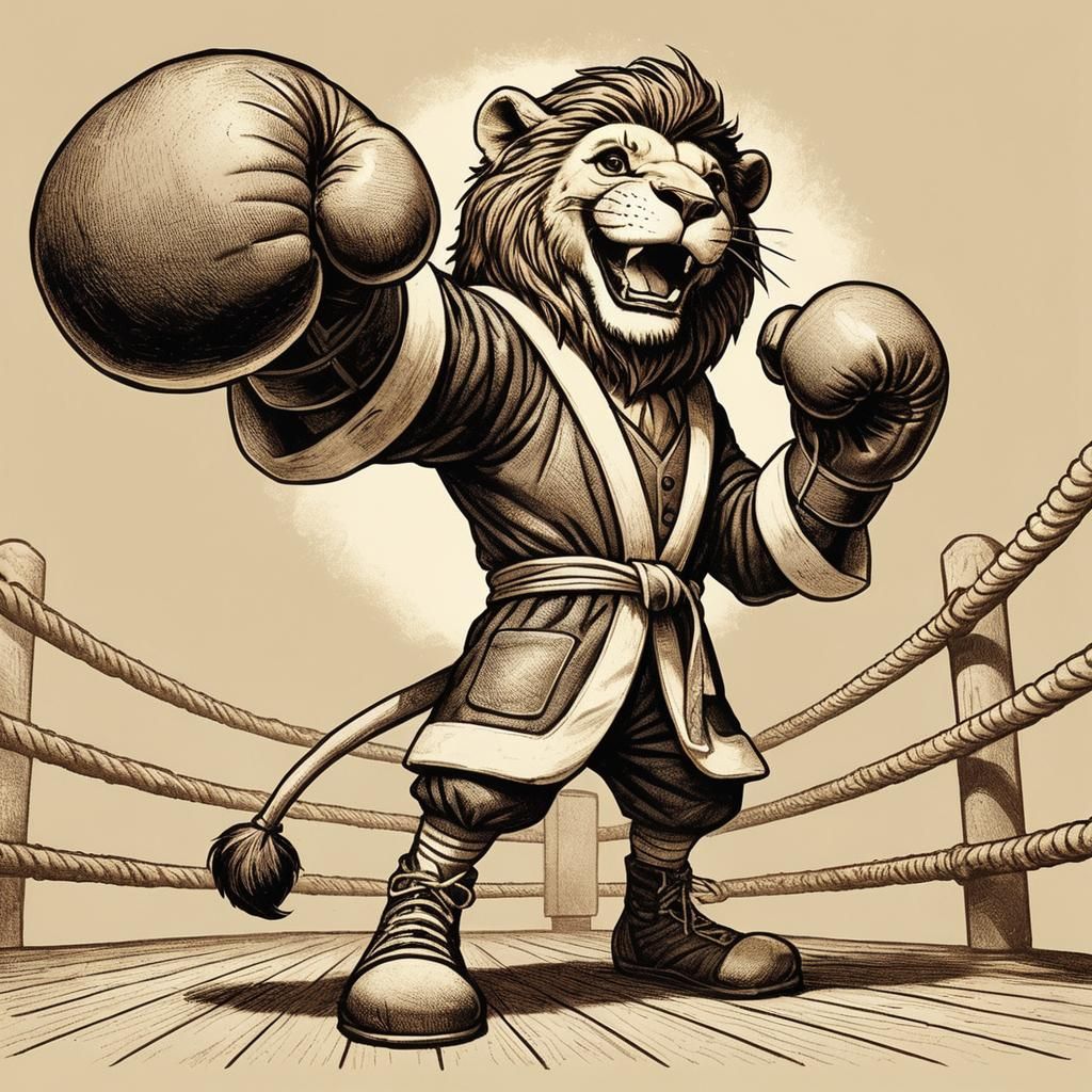 Anthropomorphic Lion Boxer Laughing in the Ring