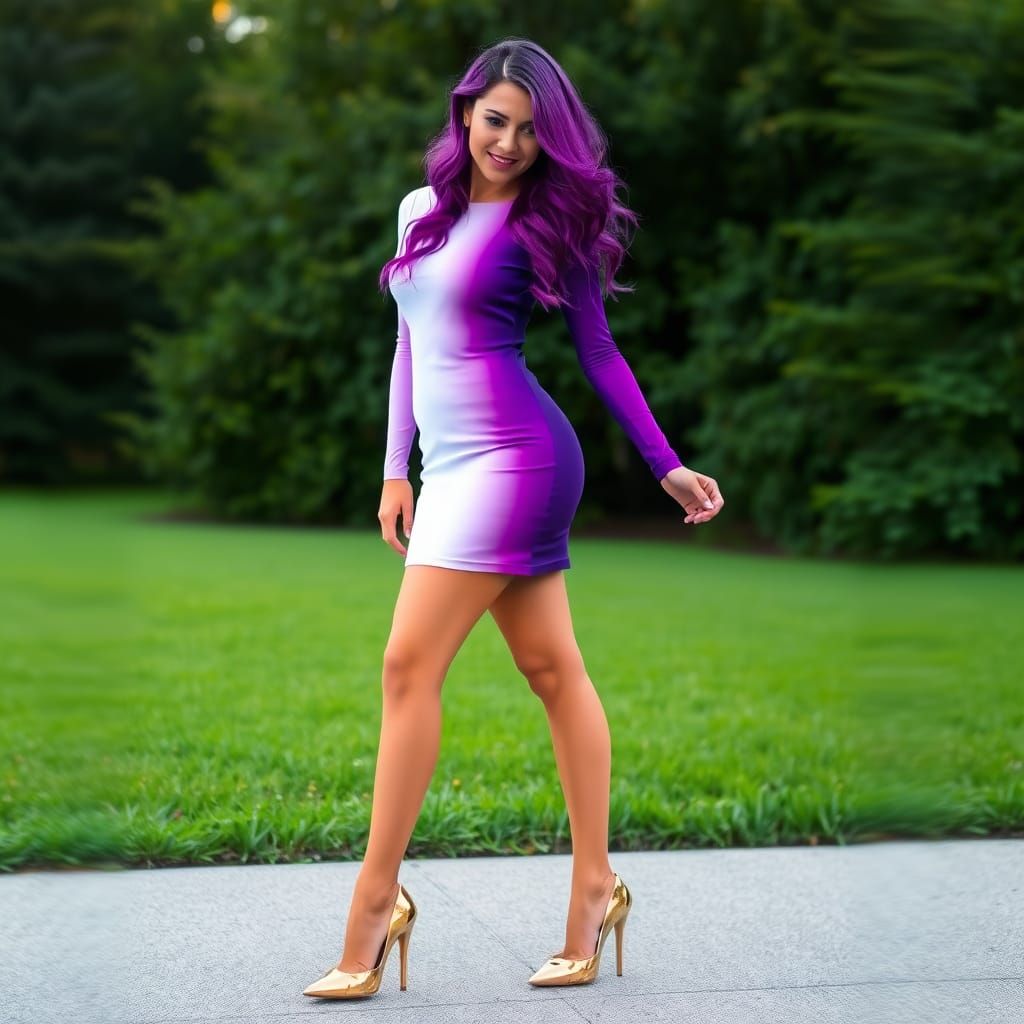 Purple Haired Woman in Ombre Dress and Stilettos