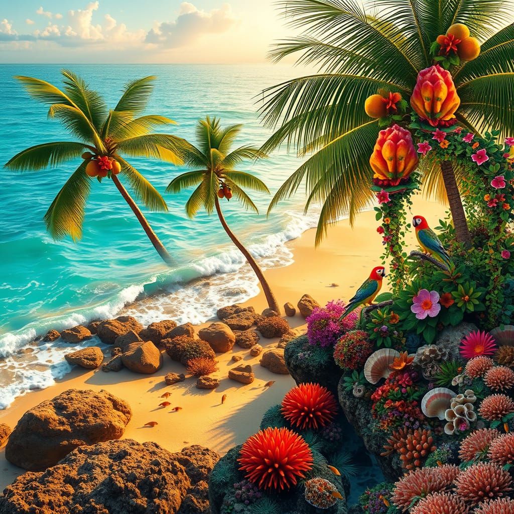Tropical Paradise Coastal Landscape with Seashells and Parro...