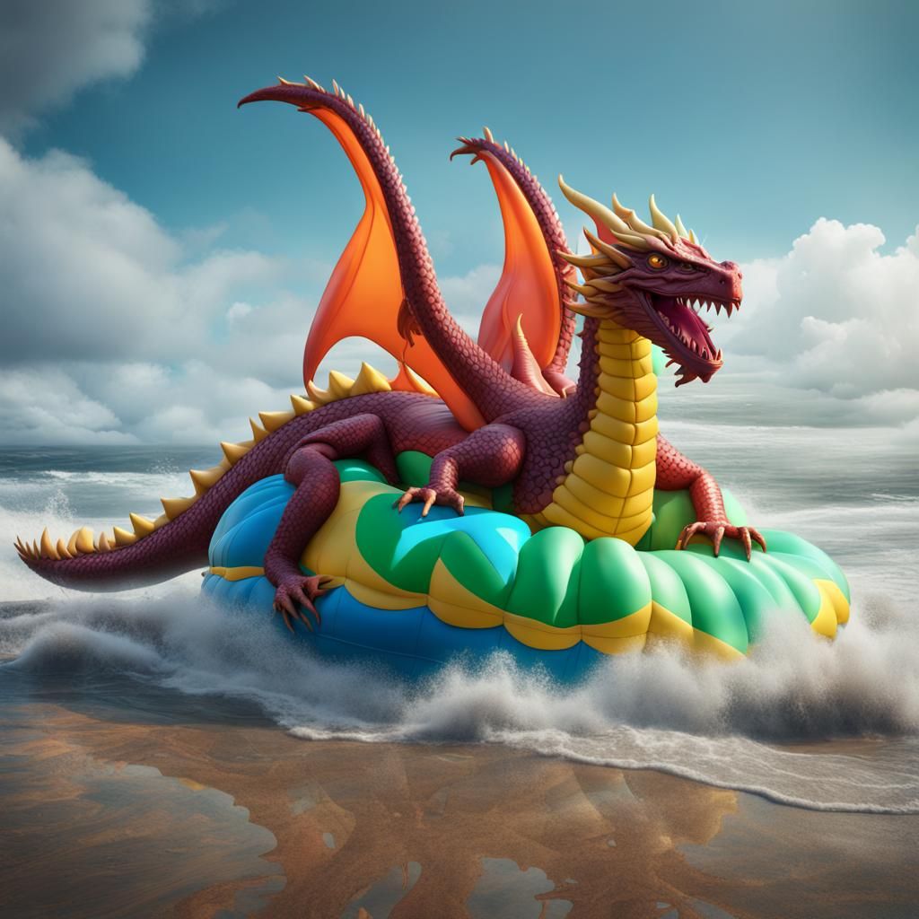 Woman on Inflatable Dragon in Rough Sea