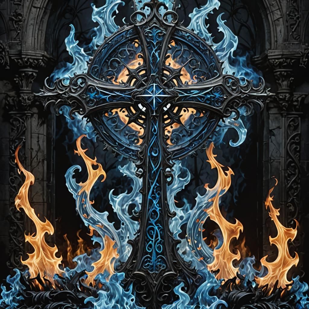 Gothic Cross of Swirling Blue Flames