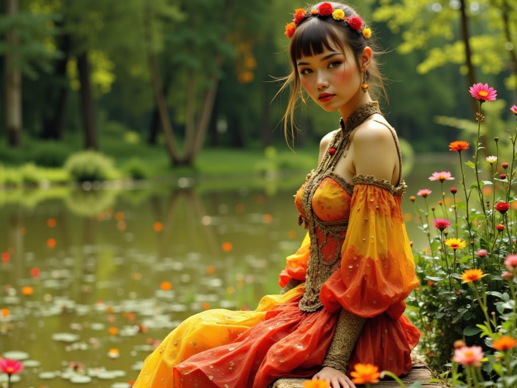 Woman in Textured Dress on Lyon Bench