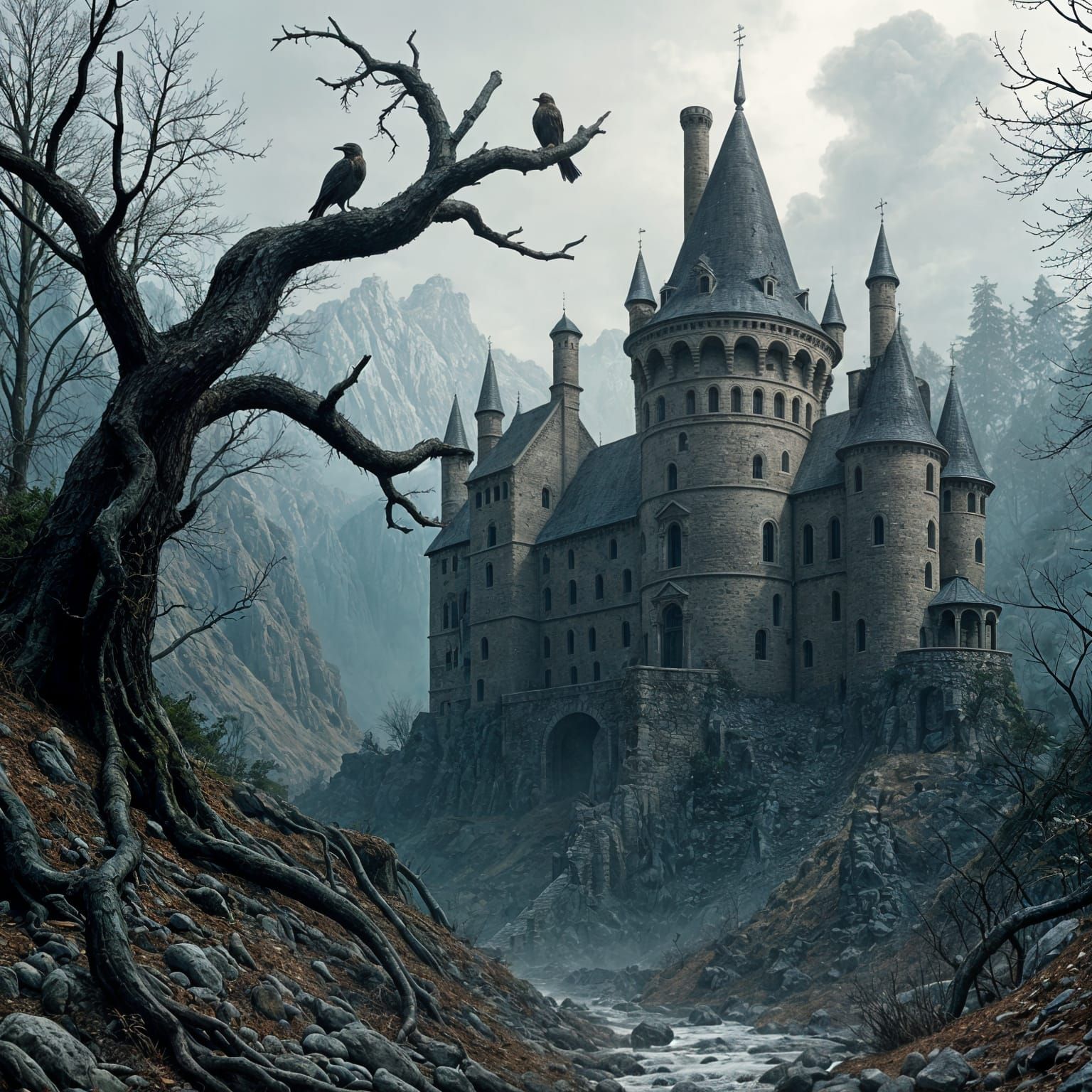 Ancient Gothic Castle Amidst Dark Forest and Corvids