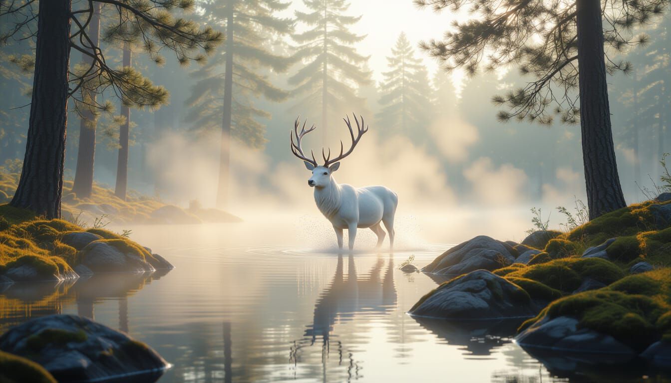 White Stag Emerges from Fog by Lake in Pine Forest