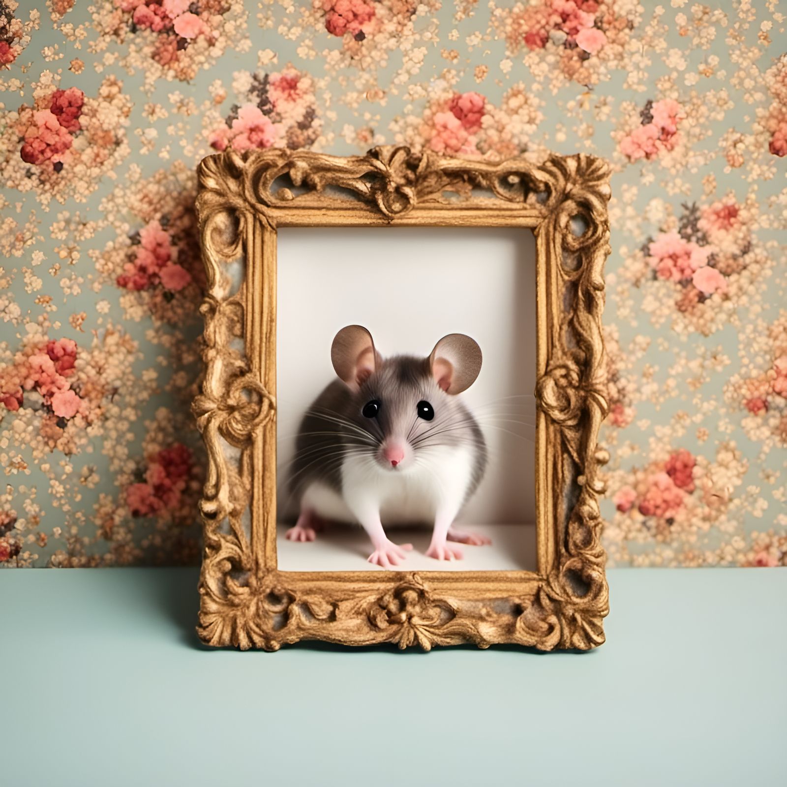 Mouse Posing with Picture Frame on Wallpaper