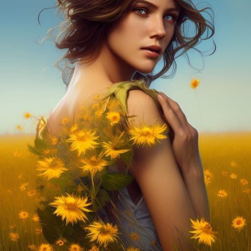 Hyperdetailed Sunflower Field Portrait in Art Nouveau Style