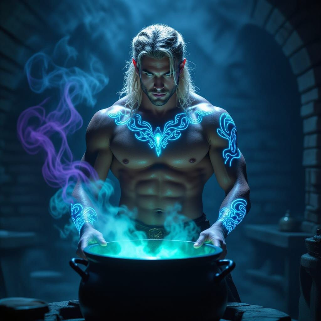 Male Witch With Glowing Tattoos and Cauldron