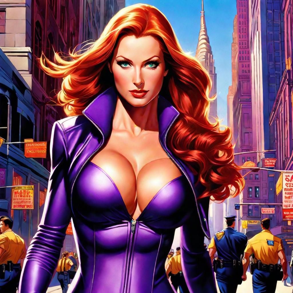 Comic Book Woman in Purple Outfit Walks Through City