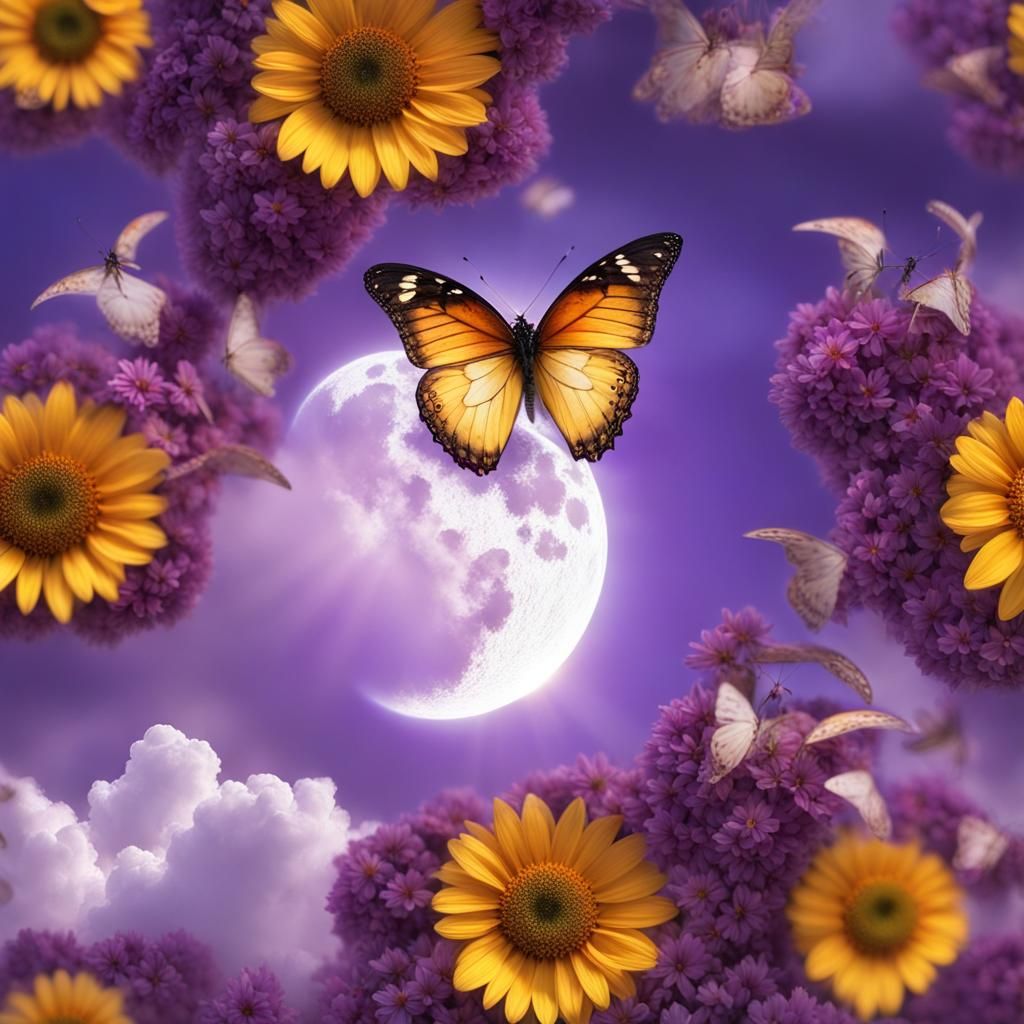 Moon and Sun Butterflies on Celestial Flower