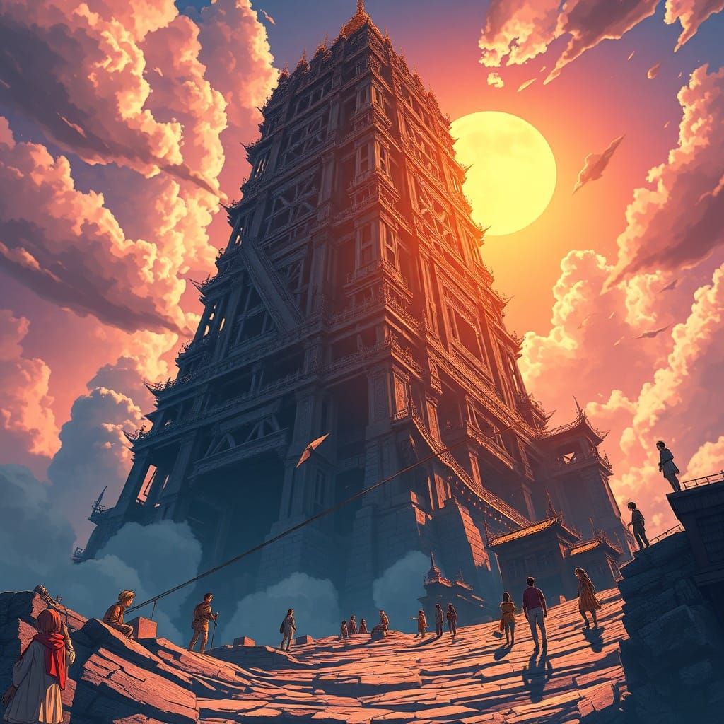 Anime Tower Scene with Diverse Characters at Sunset