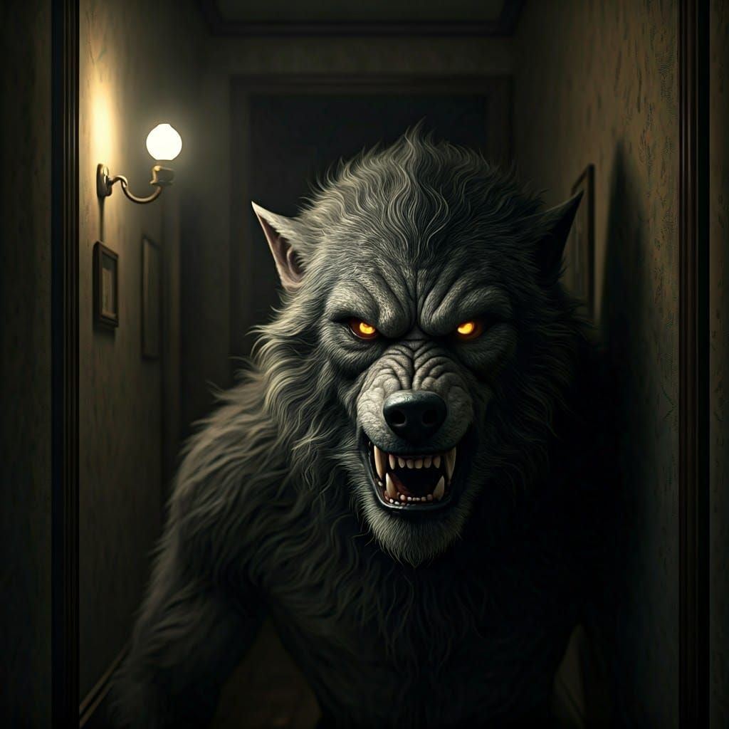 Eerie Werewolf Silhouette in a Dark, Haunting Hallway