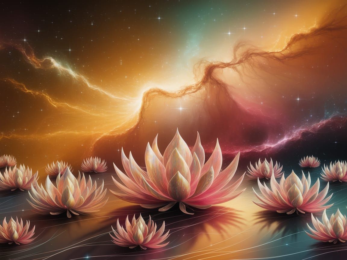 Cosmic Lotus Blooms in Golden Hues