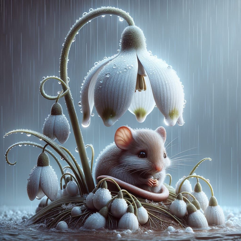 Surreal Mouse Nestled in a Drooping Snow Drop