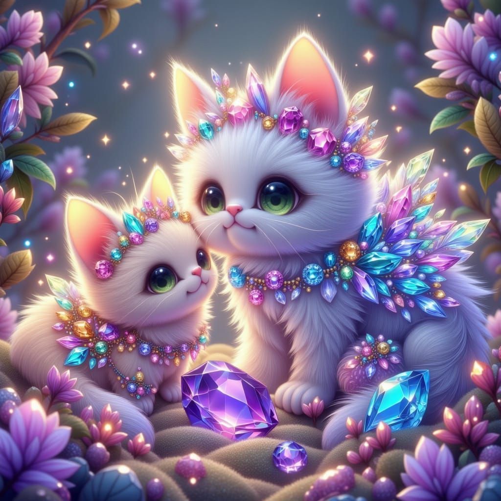 Fluffy Gemstone Kittens in Whimsical Fantasy Style
