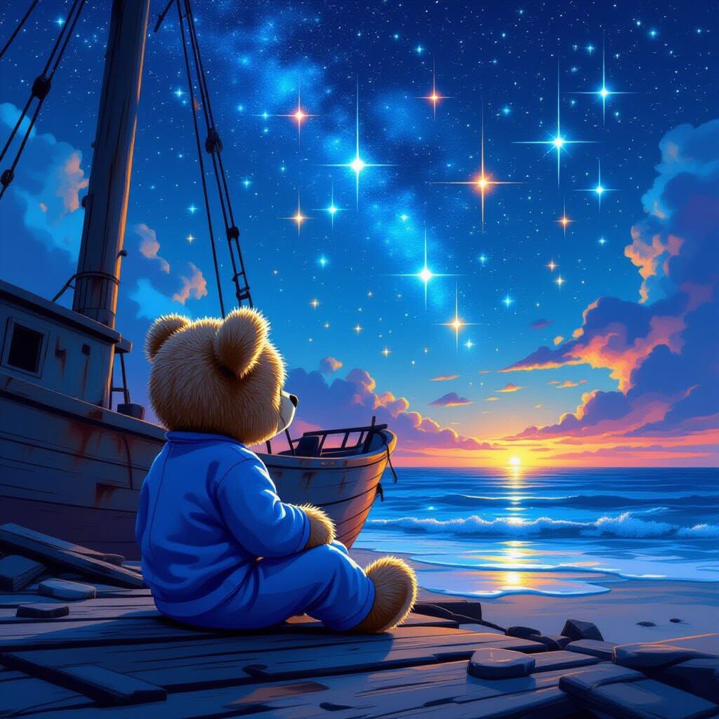 Teddy Bear's Starry Island Dream in Cyberpunk Style
