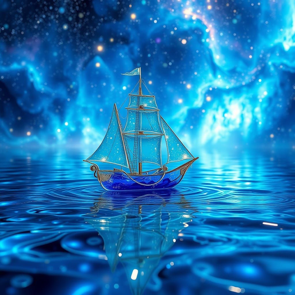 Glass Ship on Blue Sea: Visionary Astral Art