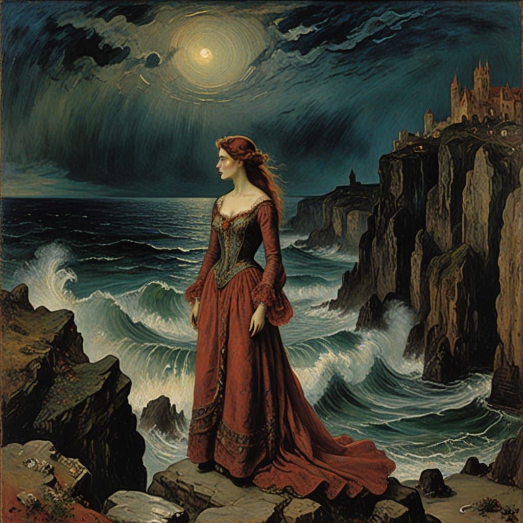 Woman Amidst Dramatic Moonlit Seascape in Symbolist Style
