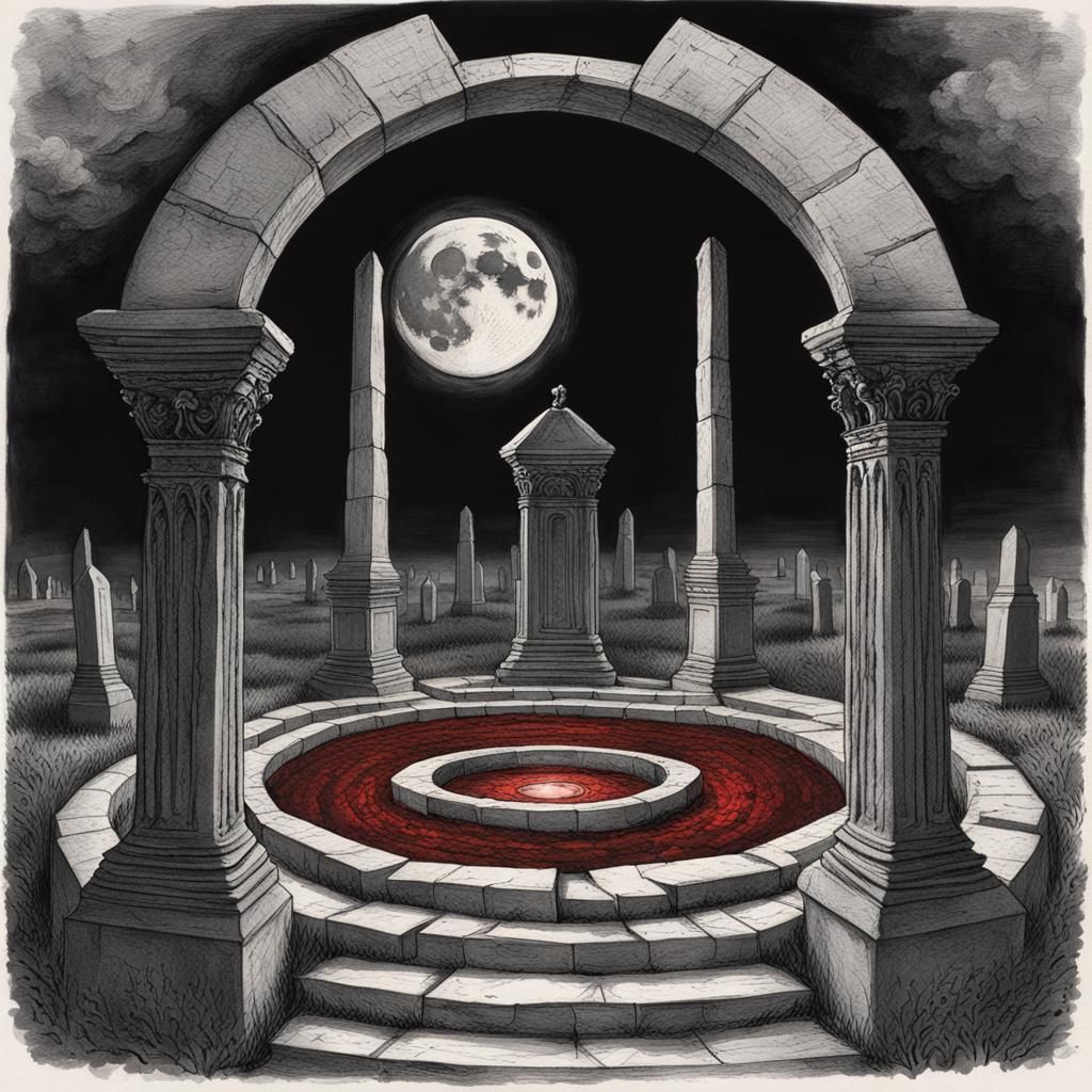 Cemetery Ritual Under Red Moon in Dark Fantasy Style