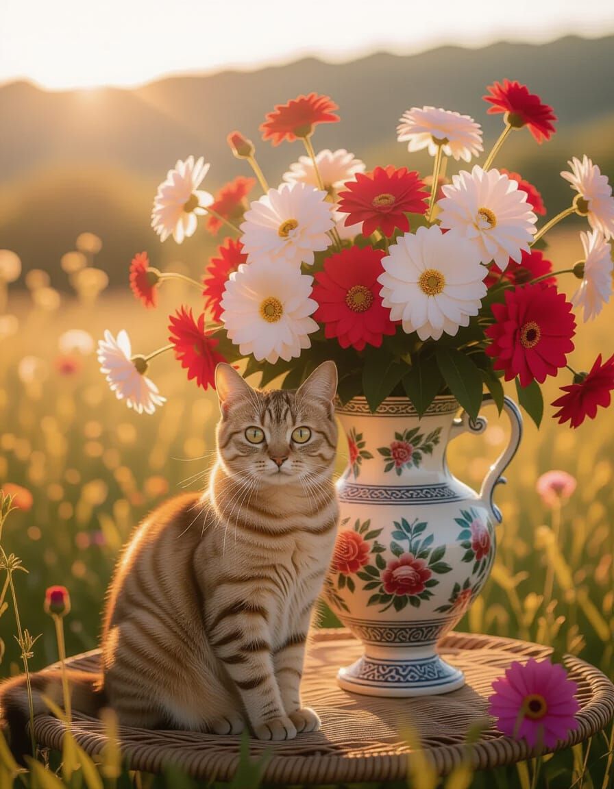 Cinematic Beige Cat in Shimmering French Landscape