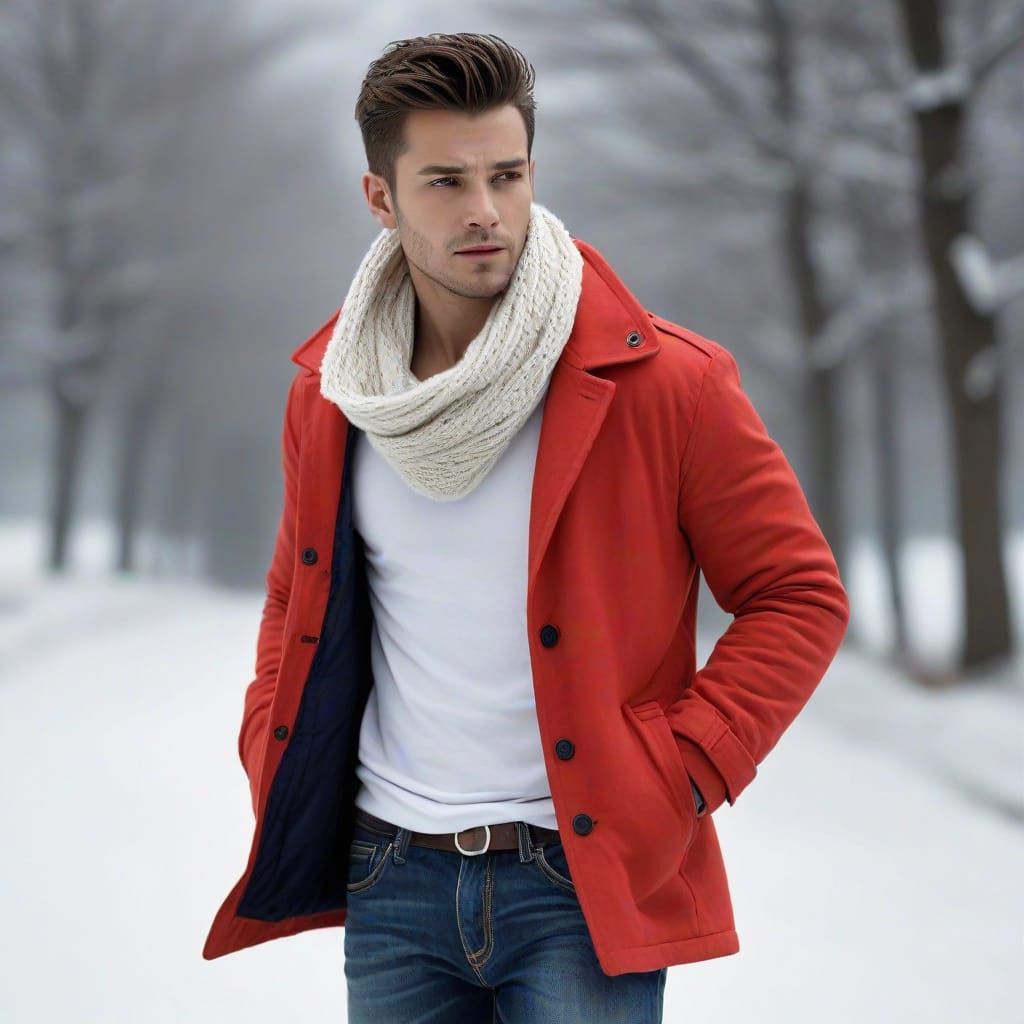 Winter Scene with Man in Red Coat and Denim Scarf