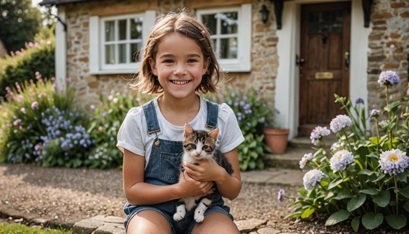 Girl with Kitten in Front of Cottage Photograph