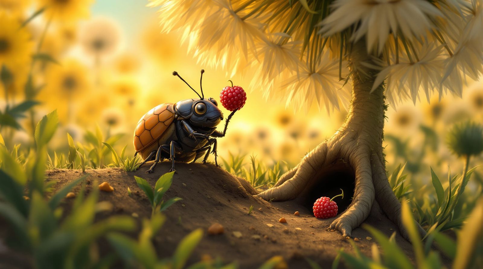 Whimsical Beetle Displays Berry Triumph at Sunset
