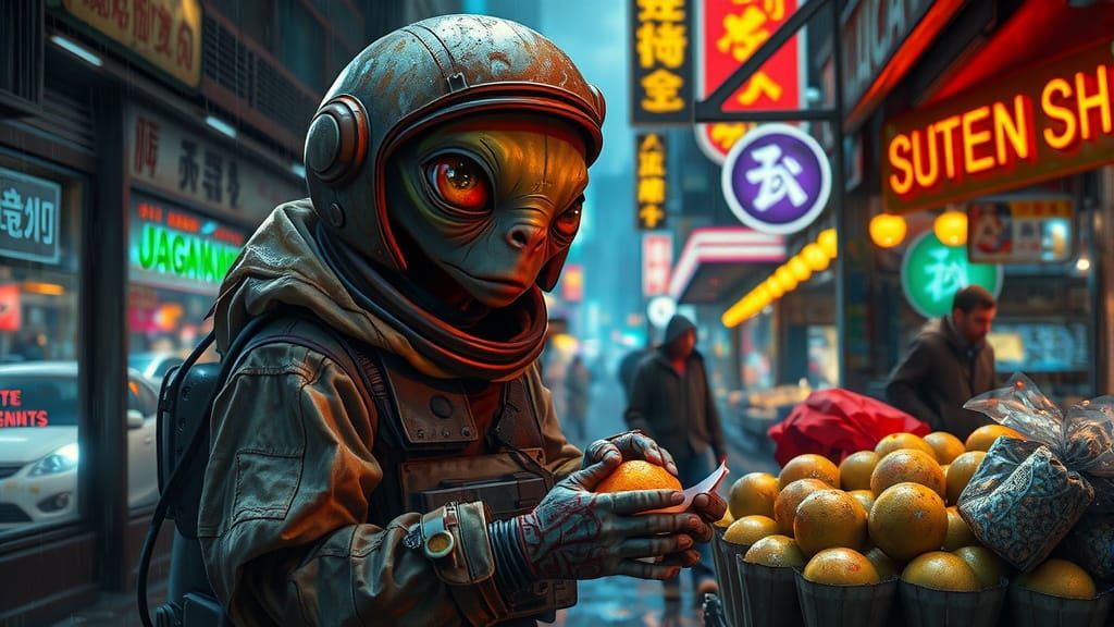 Alien Explorer Haggles for Glowing Fruit in Sci-Fi Market
