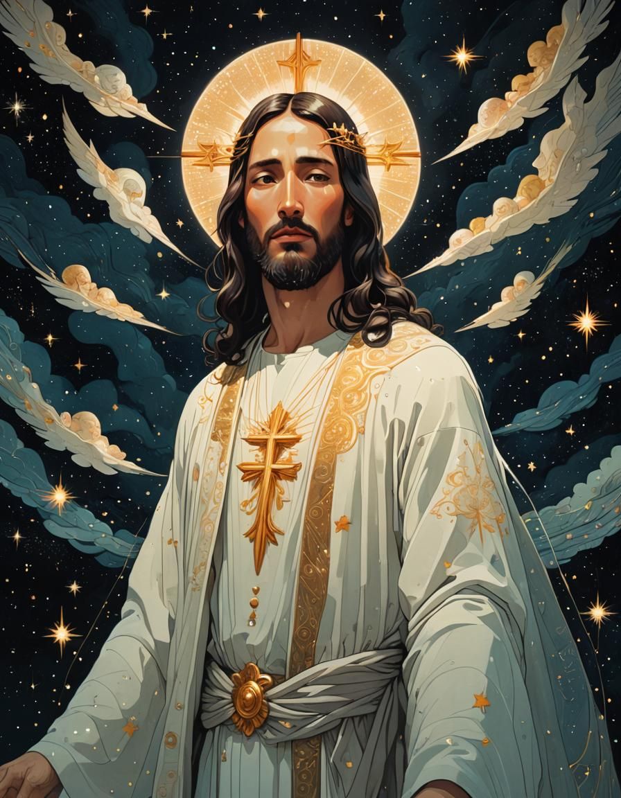 Luminous Jesus Christ Portrait in Victo Ngai Style