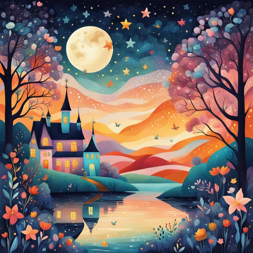 Whimsical Night Landscape in Naive Digital Art
