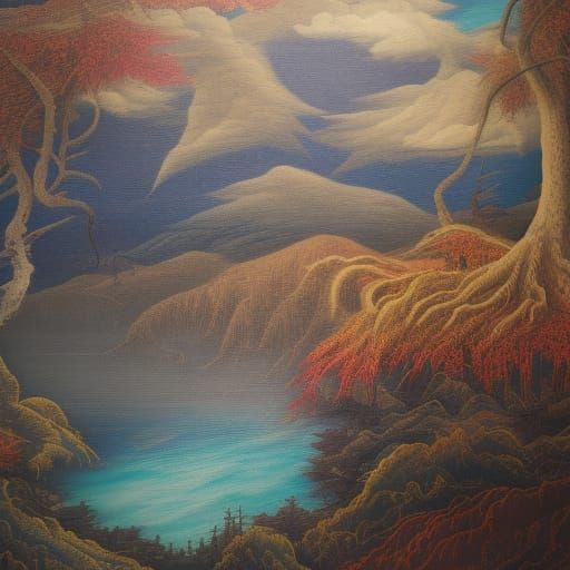 Windswept Lake Tapestry in Detailed Matte Painting Style