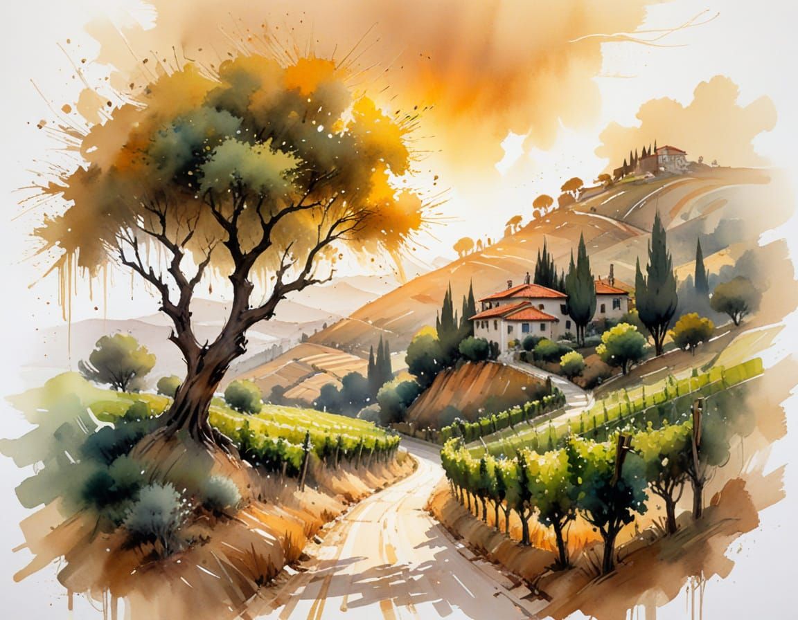 Sunlit Tuscan Vineyard in Watercolor Style