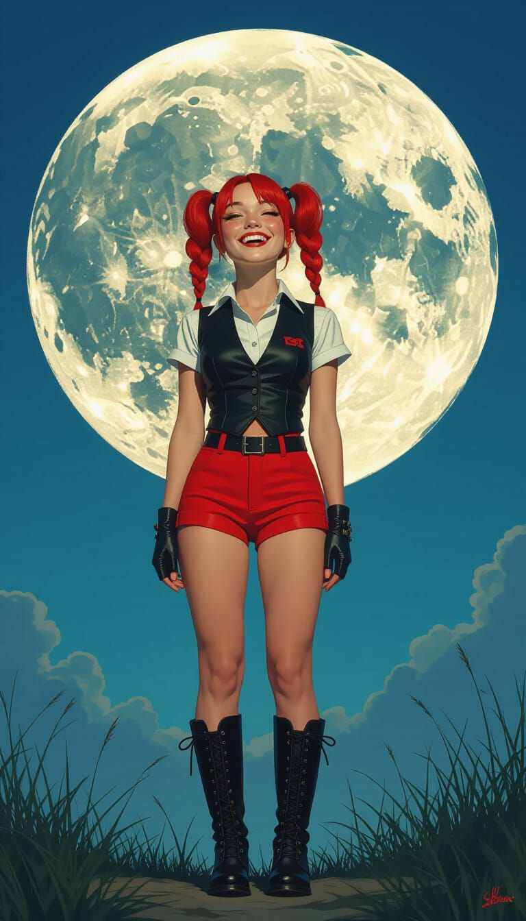 Woman Under Smiling Moon in Hyperrealistic Style