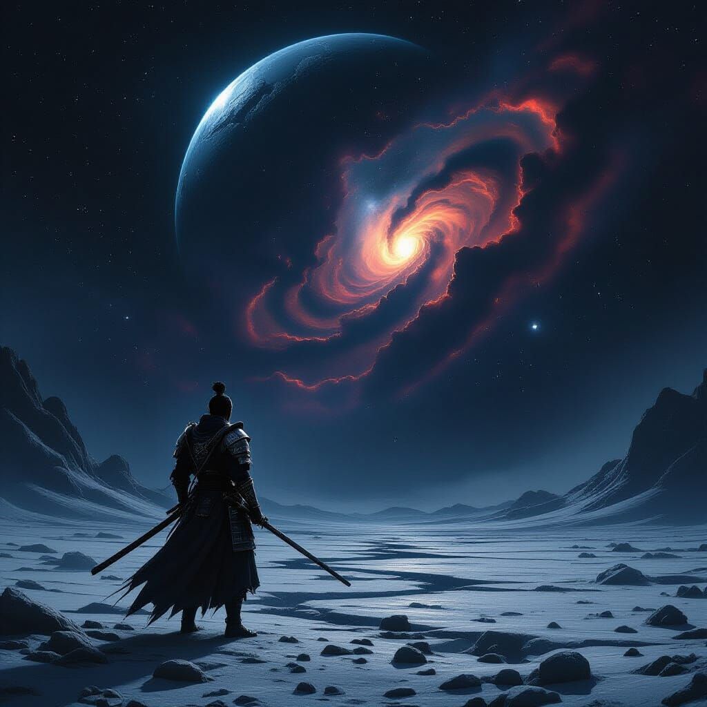 Samurai Warrior on Moon Amidst Cosmic Nebula